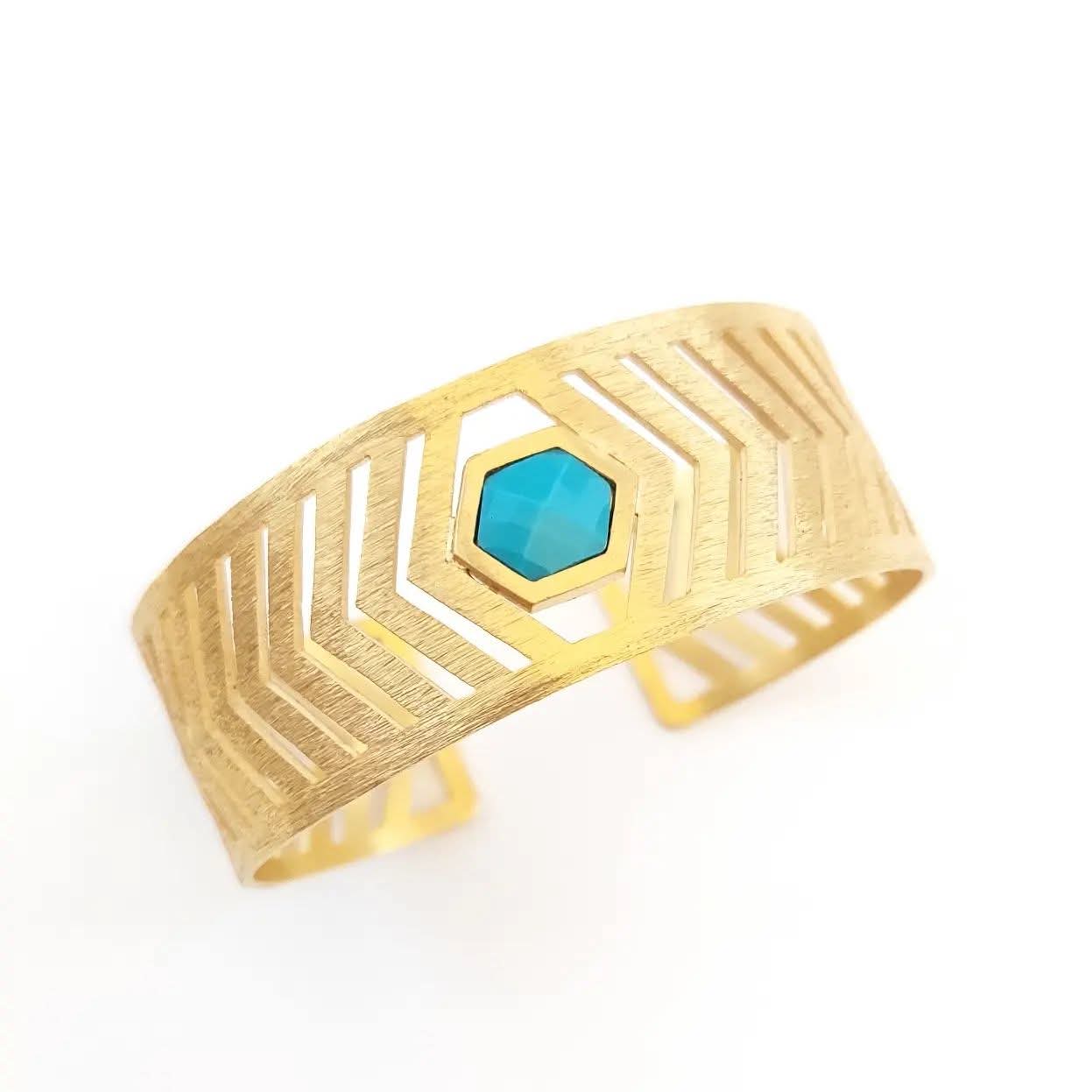 Gold bracelet with a turquoise stone on a white background