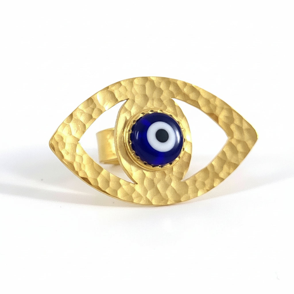 gold eye-shaped earrings with blue and white centers on a white background