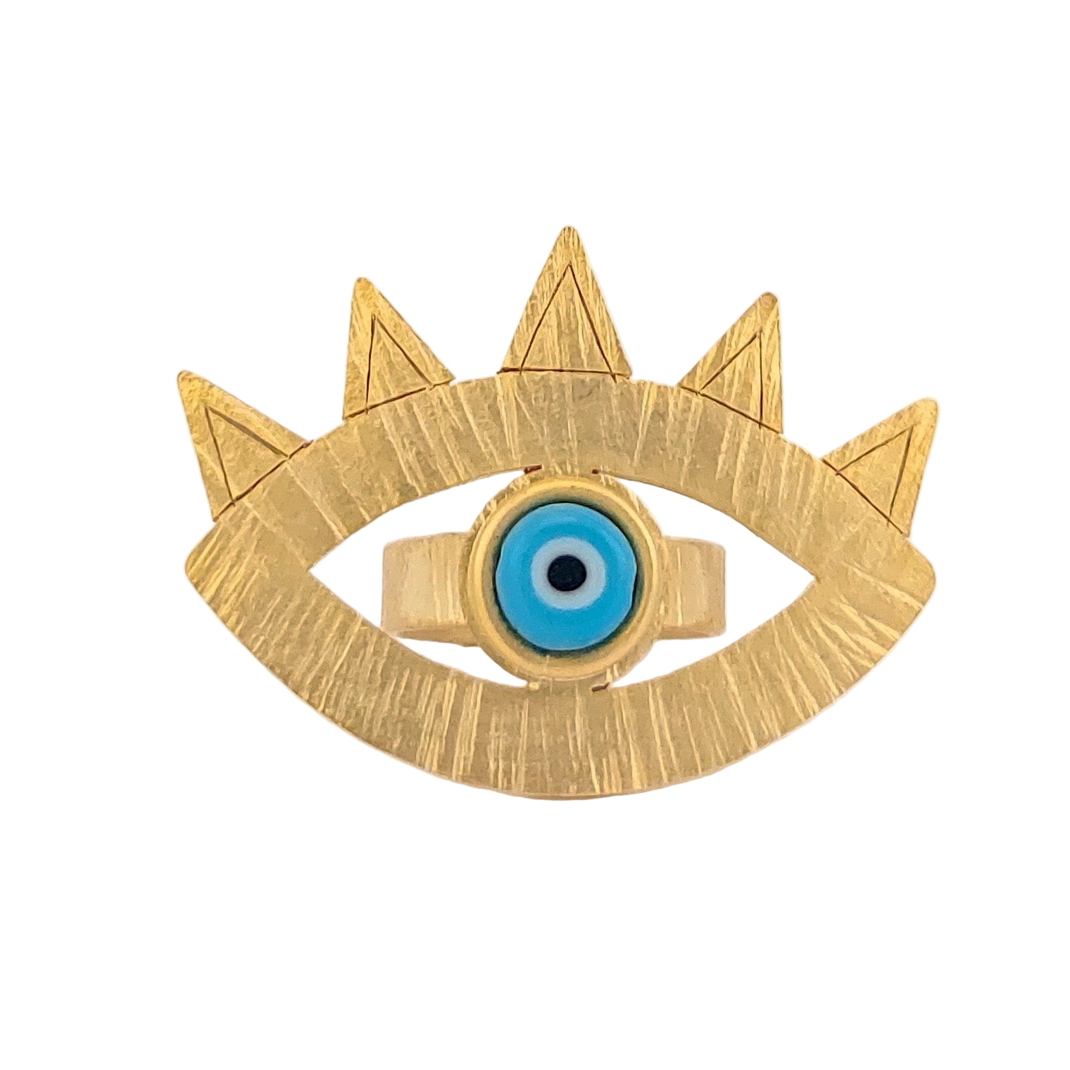 Gold eye-shaped ring with blue center on a white background
