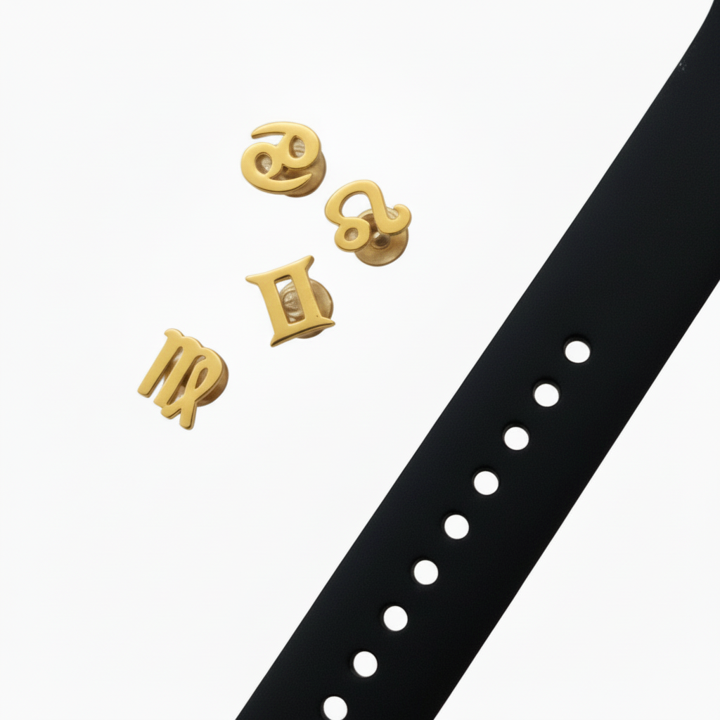 Black smartwatch with gold horoscope symbols on a white background