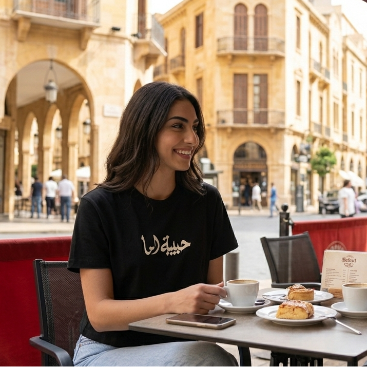 Two women sitting at an outdoor cafe table in a beirut street, enjoying coffee and pastries.