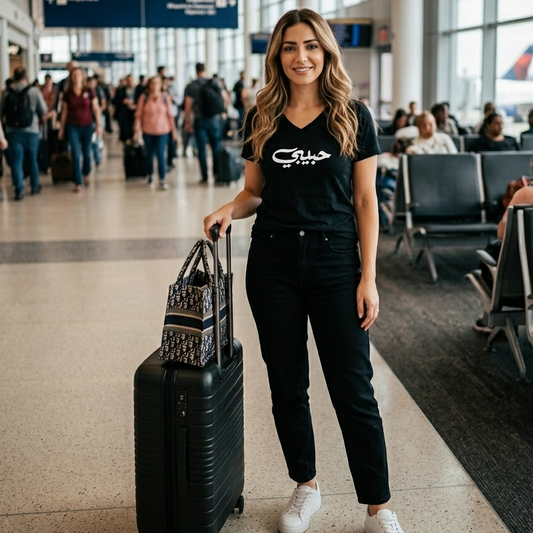 Woman in an airport holding a suitcase and a handbag, wearing a black t-shirt with habibi written on the chest
