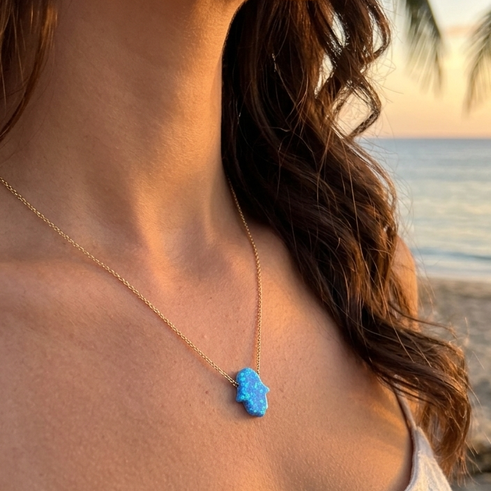 Woman wearing a blue hamsa necklace on a beach at sunset