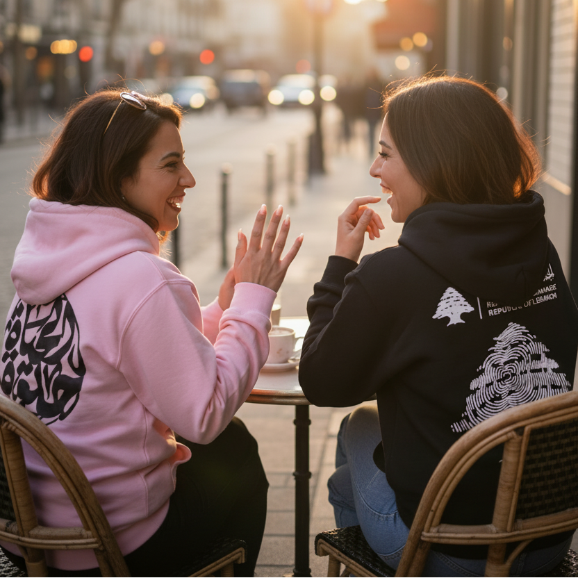 two girl sitting in a cafe wearing hoodies in arabic calligraphy of life is beautiful and lebanon cedar identity