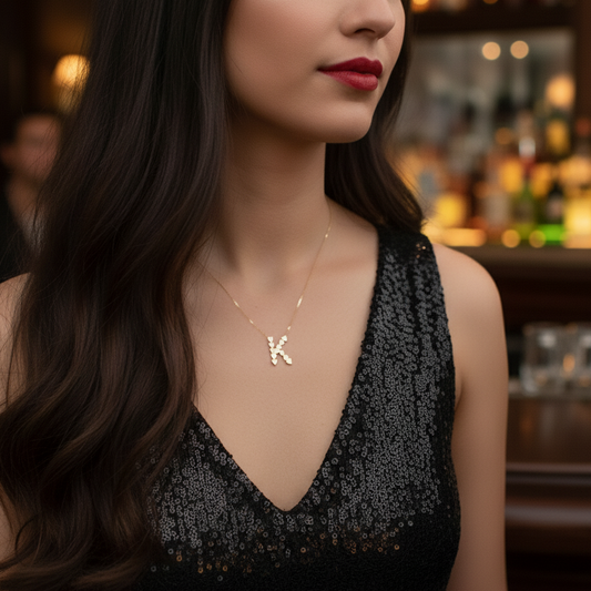 Woman wearing a black sequin dress with a 'K' necklace in a bar setting