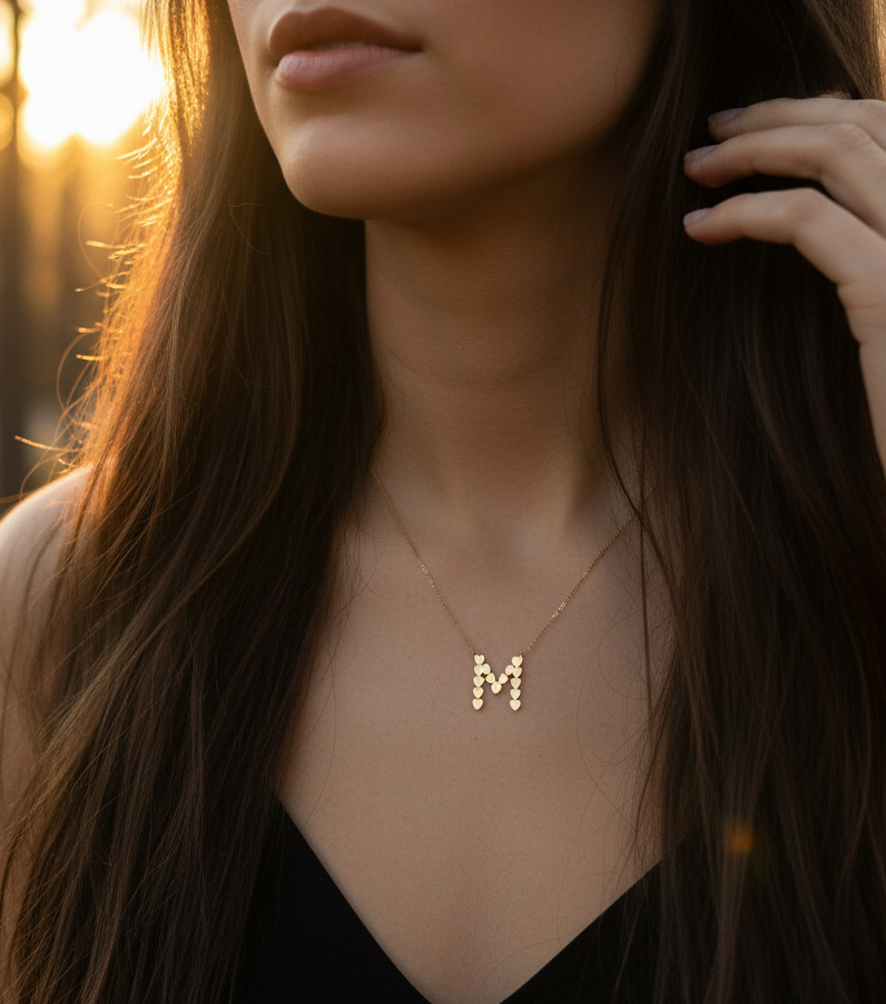 Woman wearing a necklace with a 'M' pendant against a blurred natural background
