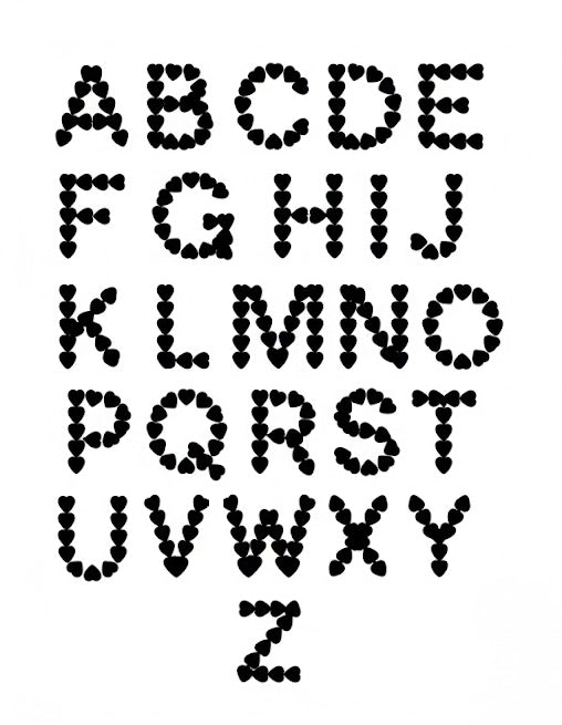 Black pixelated heart shape alphabet letters on a white background