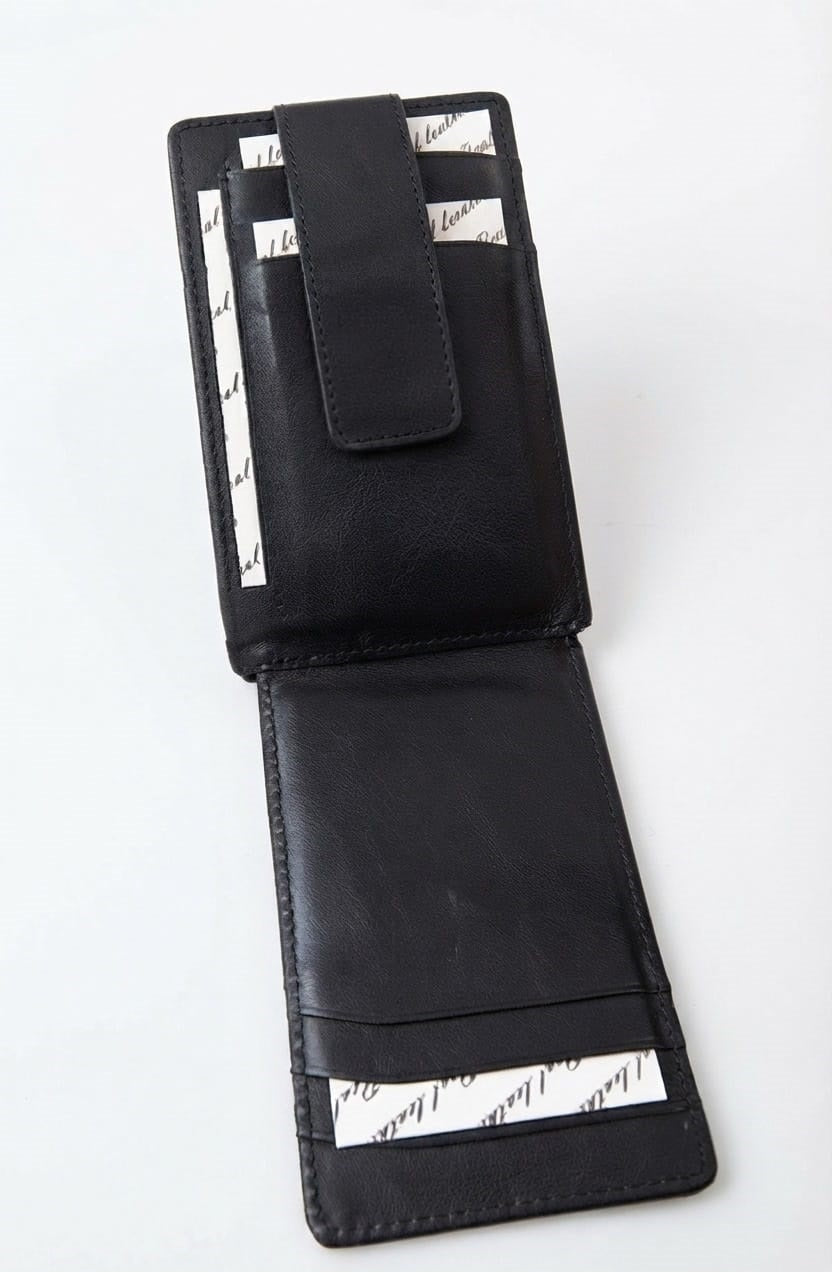 A black leather bi-fold wallet shown open, displaying its interior card slots, a vertical slip pocket with a black strap, and card holders lined with white paper featuring a black script pattern.