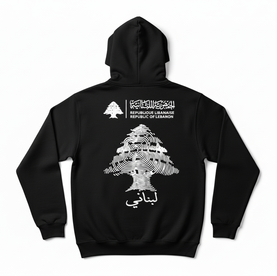 black hoodie with white graphics and text on the back, featuring a lebanese cedar and the passport cover design design