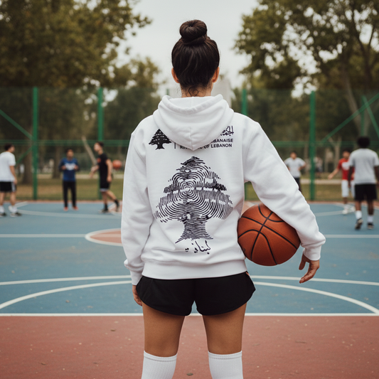 Person holding a basketball on a court with others playing in the background wearing a white hoodie with lebanese cedar and lebanese identity