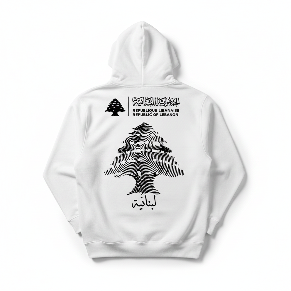 White hoodie with black lebanese cedar and identity on a white background