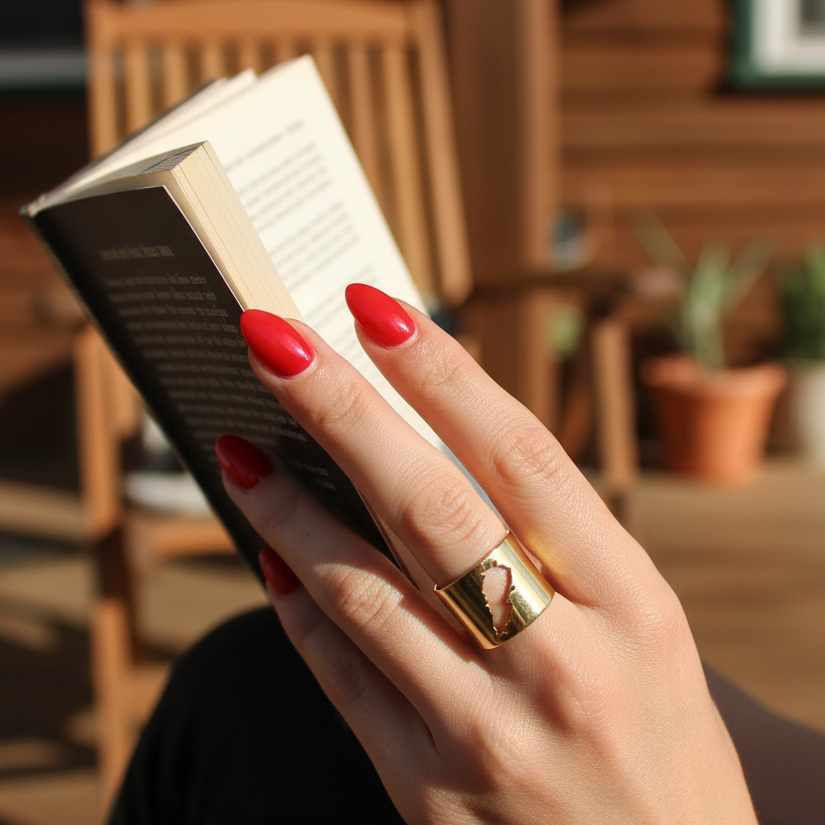 Hand holding a book with red nail polish and a gold ring, blurred indoor background
