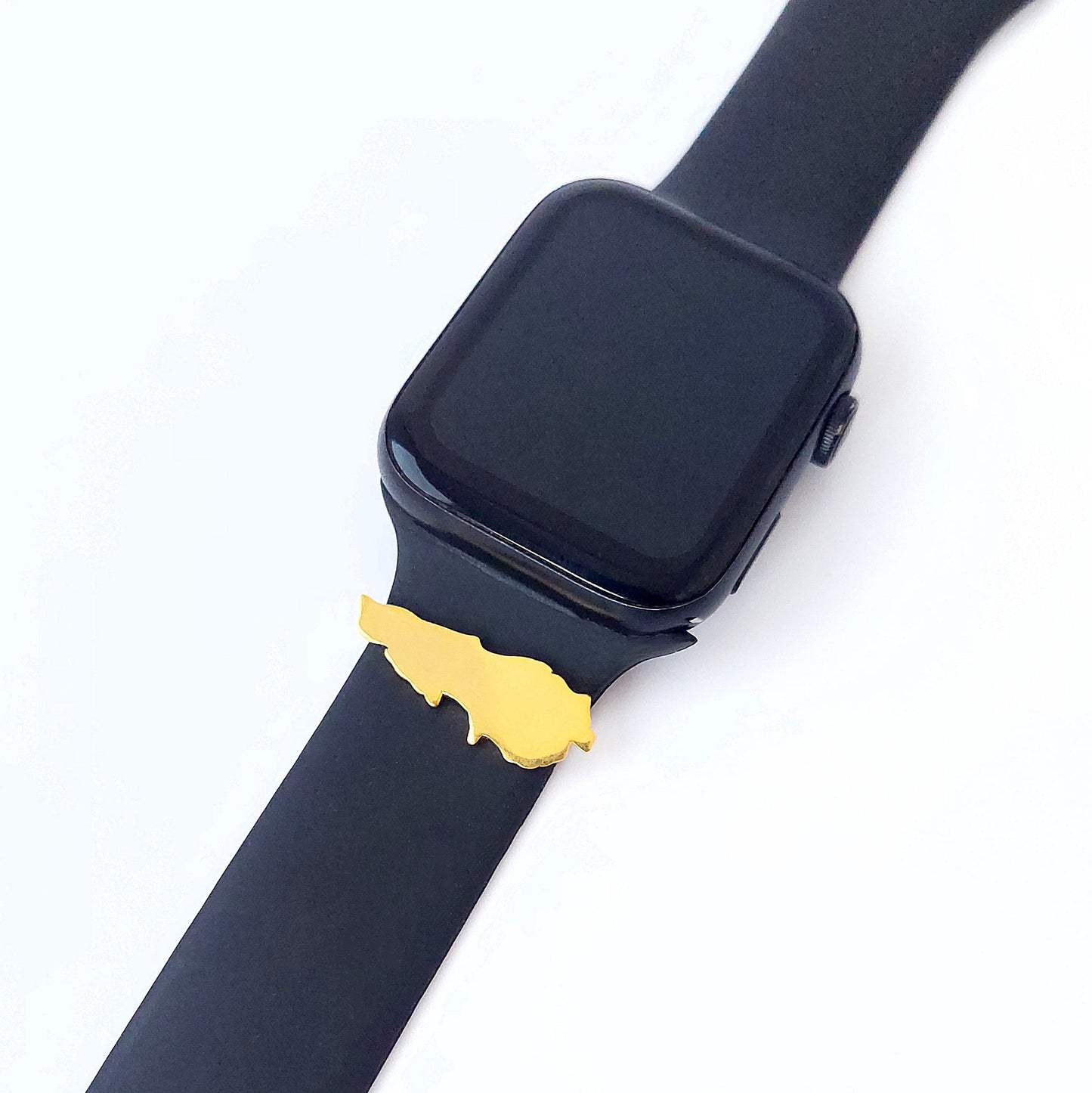 Black smartwatch with gold lebanese map on a white background