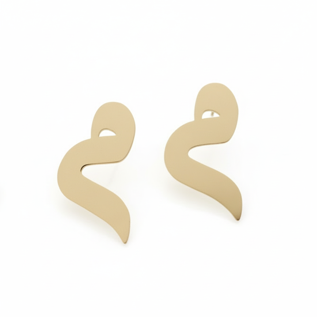 Gold earrings with Arabic calligraphy design on a white background