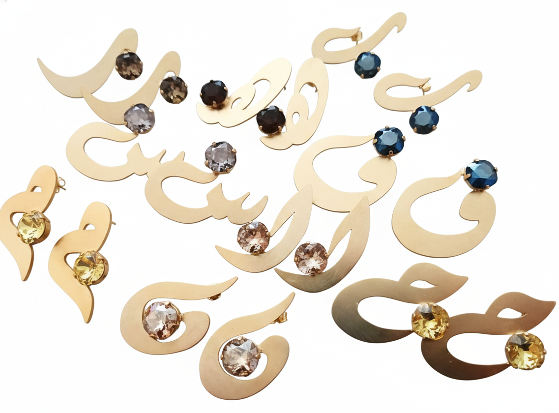 Gold earrings with gemstones on a white background