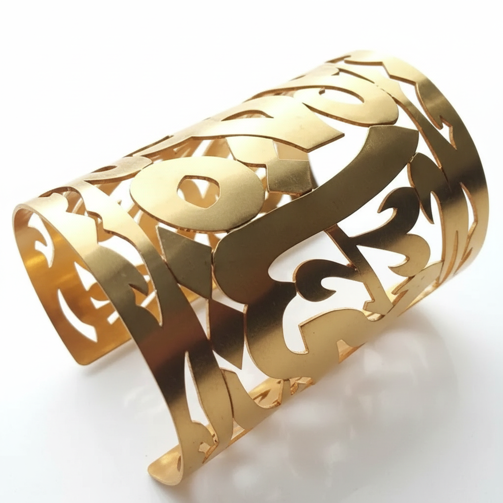 Gold cuff bracelet with intricate cut-out design on a white background