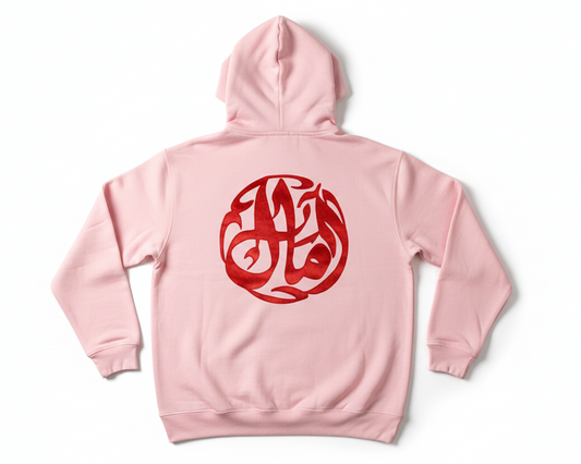 Pink hoodie with a red circular design on the back against a white background