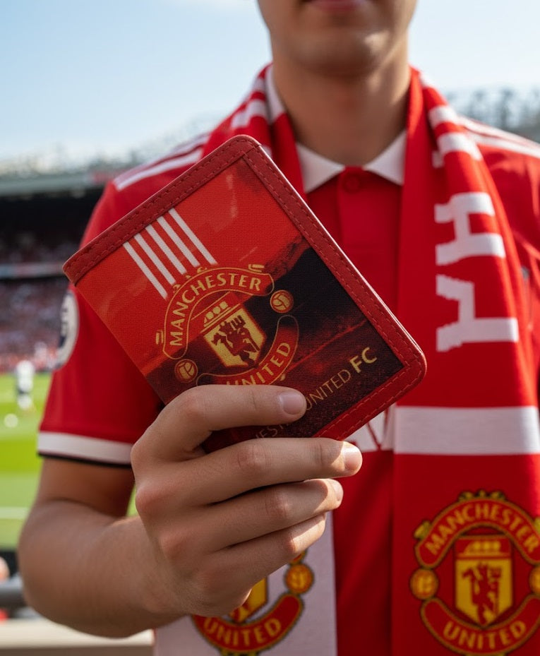 Manchester United Passport Cover by Demirelli, handcrafted football-themed travel accessory with iconic team design