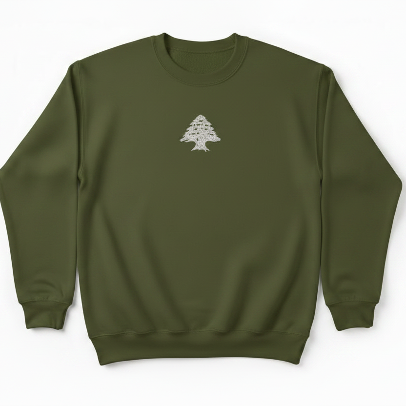 military green sweatshirt on a white background with cedar on it in white 