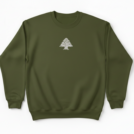 military green sweatshirt on a white background with cedar on it in white 