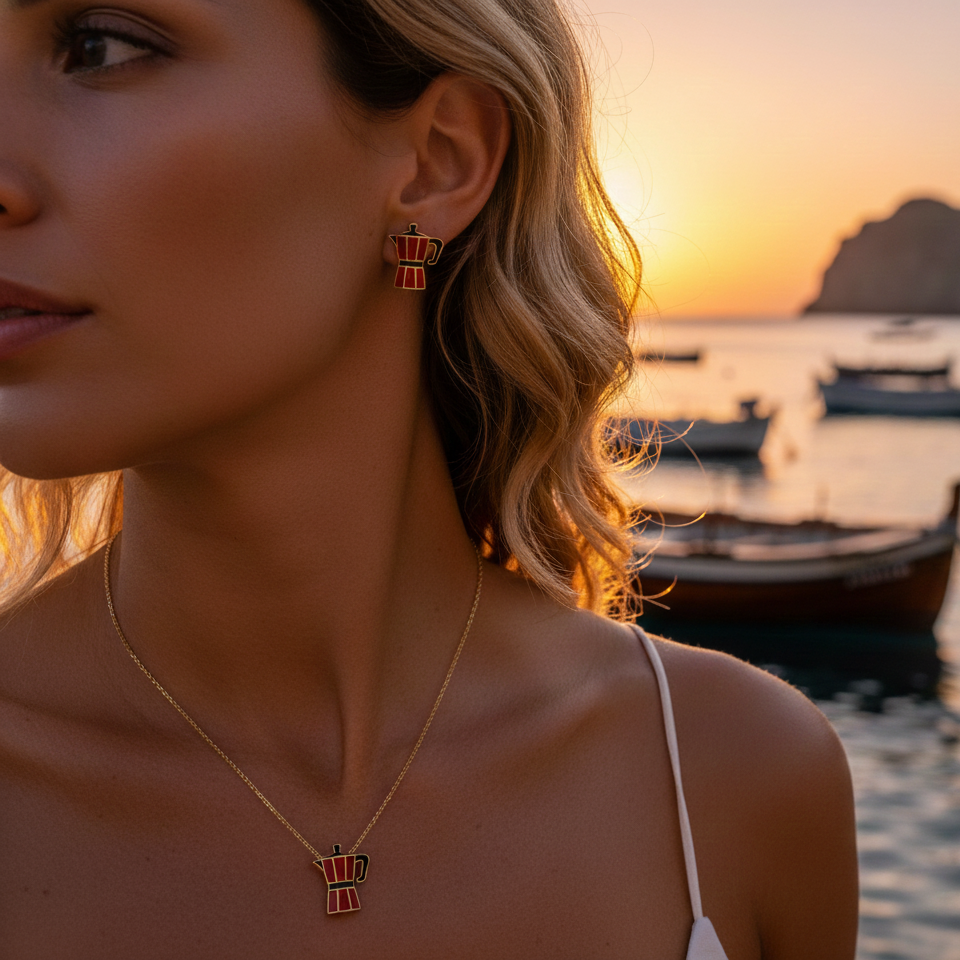 moka oro collection:  a red moka pot necklace and earrings on a woman standing at the beach