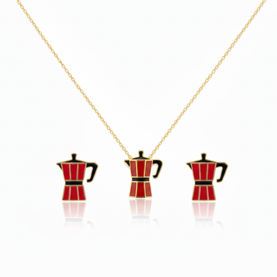 moka oro collection:  a red moka pot necklace and earrings on a white background
