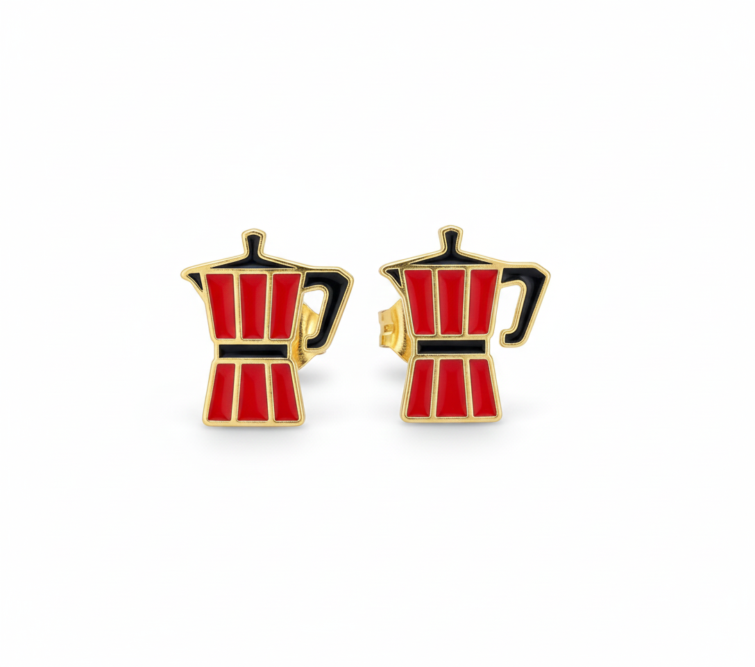 moka oro collection:  a red moka pot earrings on a white background
