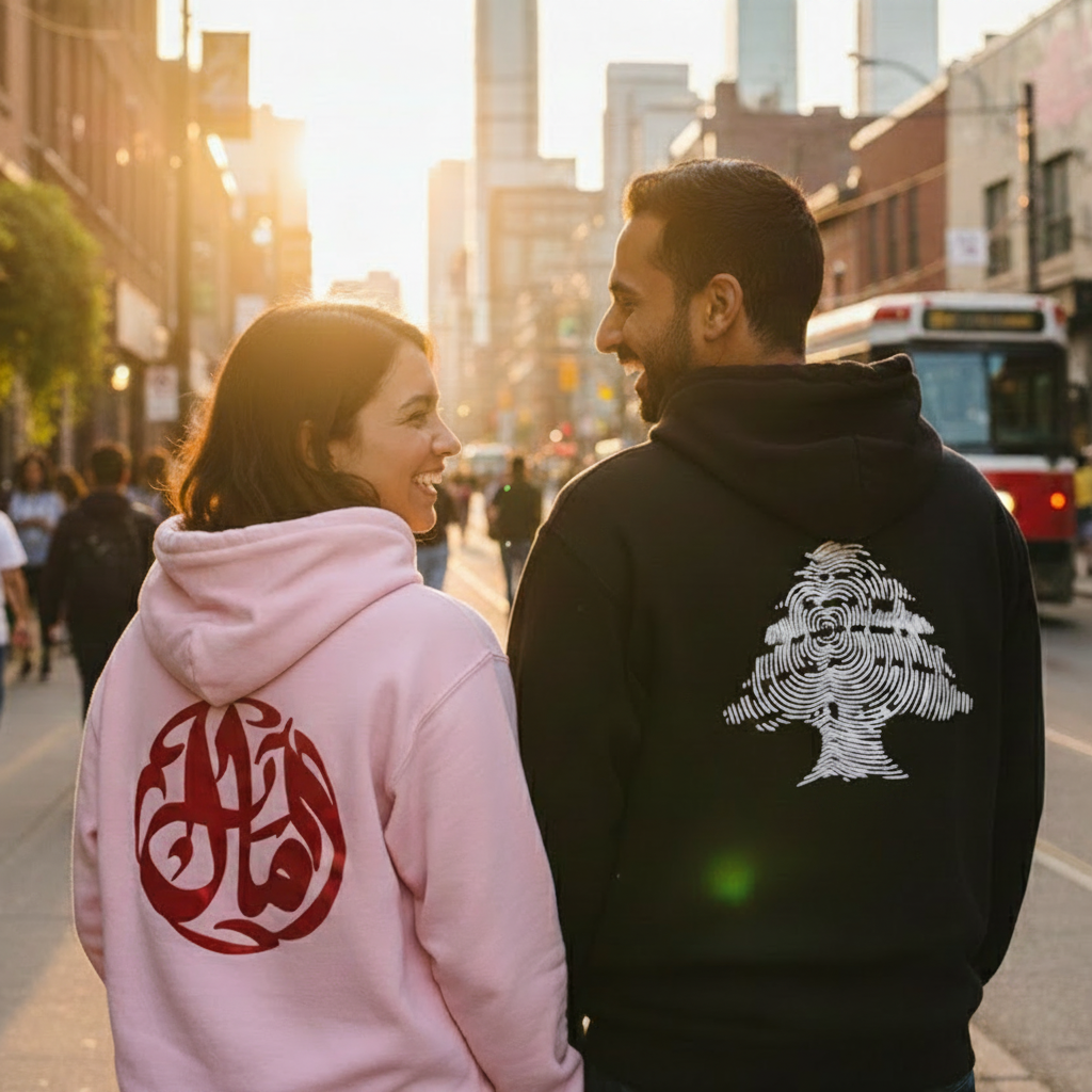 a man and woman wearing hoodies in arabic calligraphy ofpersonalized name and lebanon cedar identity