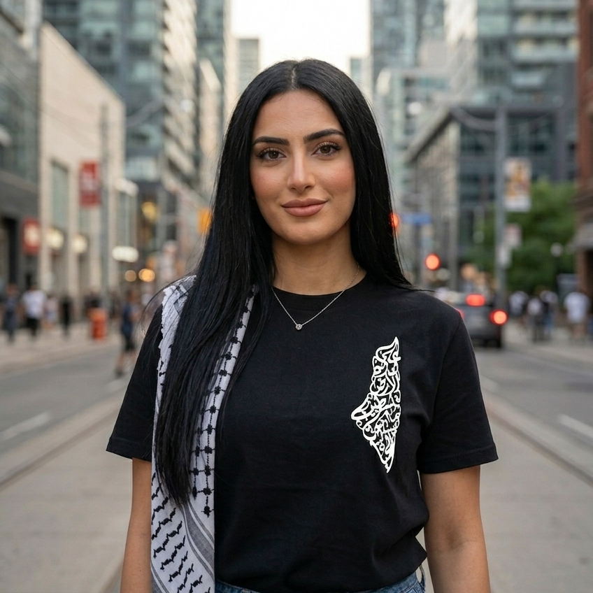 Woman standing on a city street wearing a black t-shirt with a white palestine design and blue jeans.