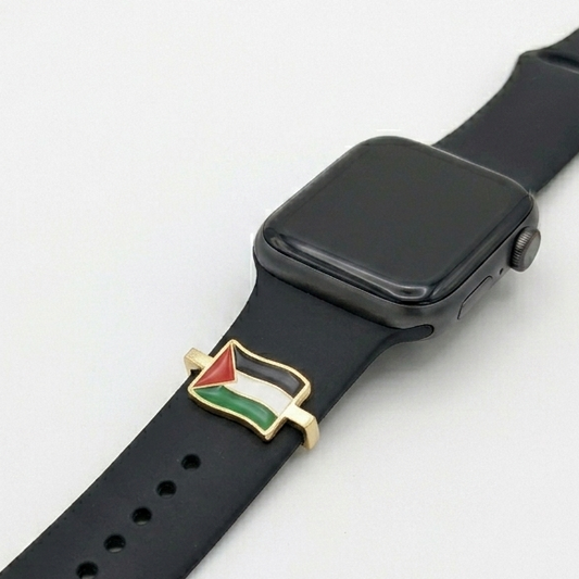 Black smartwatch with a unique band featuring a palestine flag charm on a white background