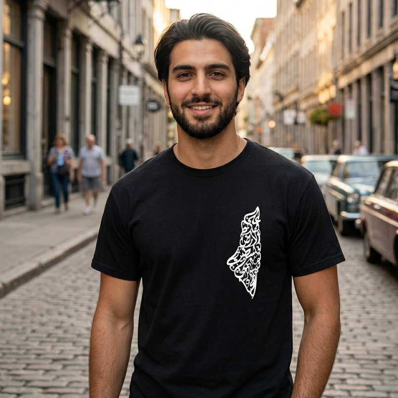 Man wearing a black t-shirt with a palestine map in white graphic on a city street