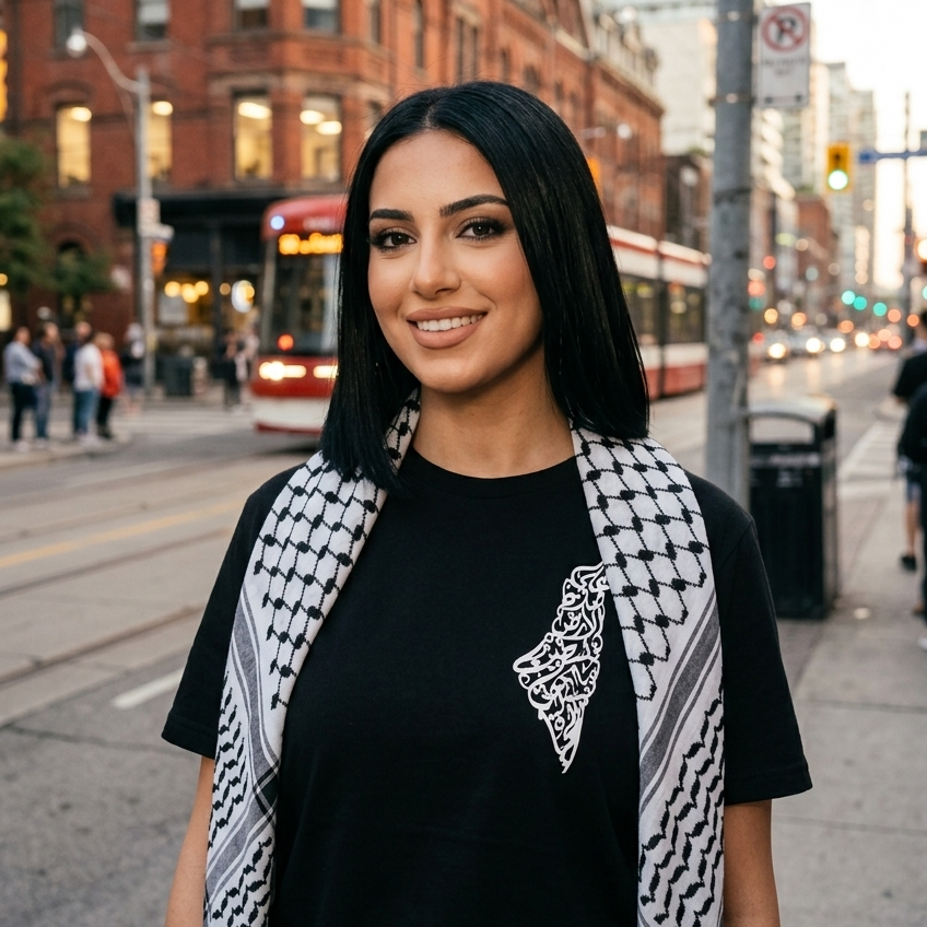 Woman standing on a city street wearing a black t-shirt with a white palestine design and blue jeans.