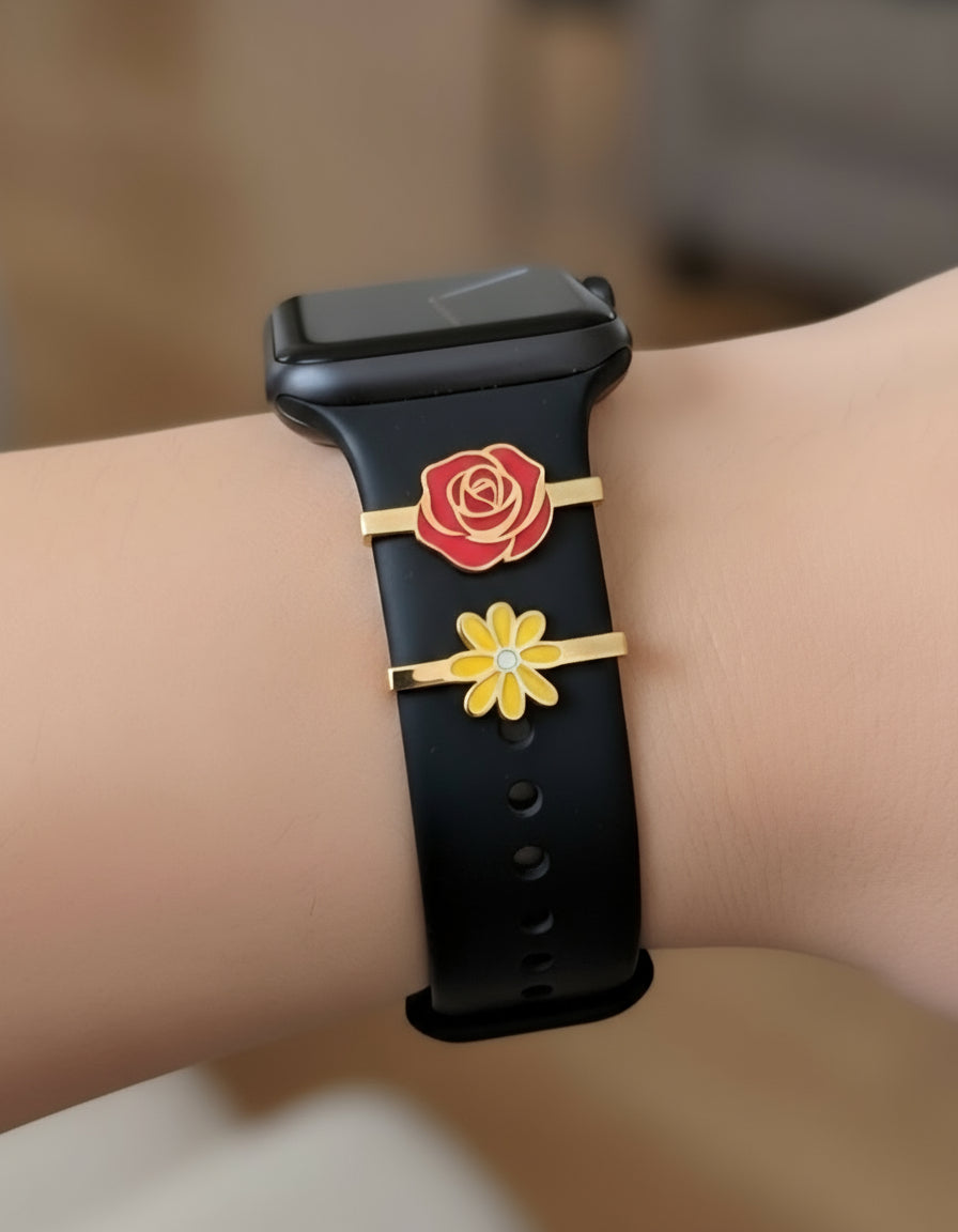 Demirelli Enamel Smart Watch Band Add-On, stylish handcrafted charm that adds a touch of color and sophistication to your smartwatch, flower edition, daisy and rose