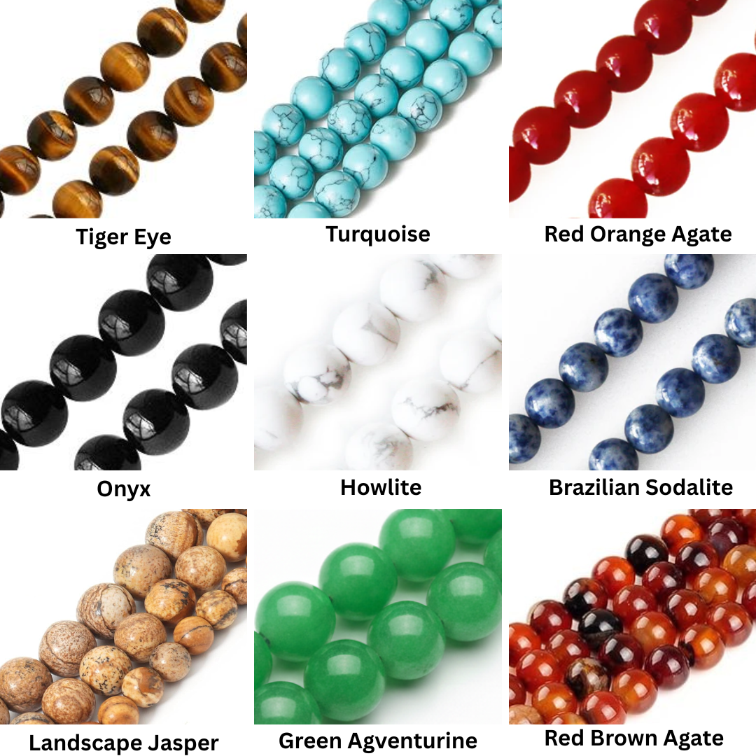 Collection of various types of beads with labels underneath each type.