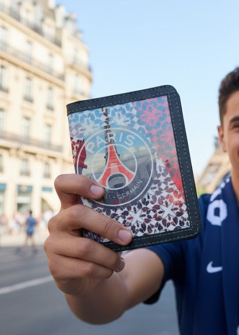 PSG Passport Cover by Demirelli, stylish travel accessory featuring Paris Saint-Germain club colors and design