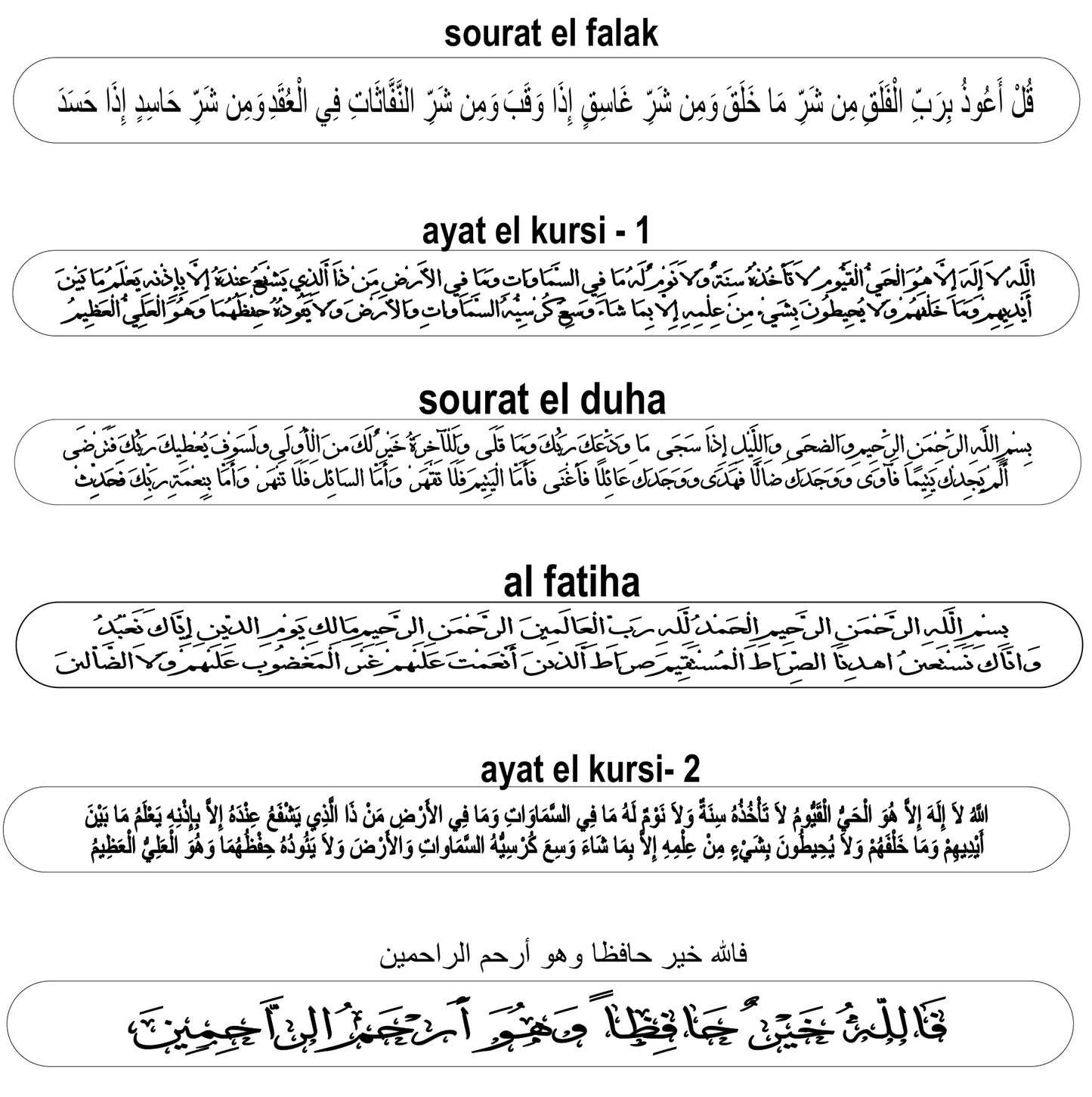 Text in Arabic with various names of Quranic suras and verses on a white background