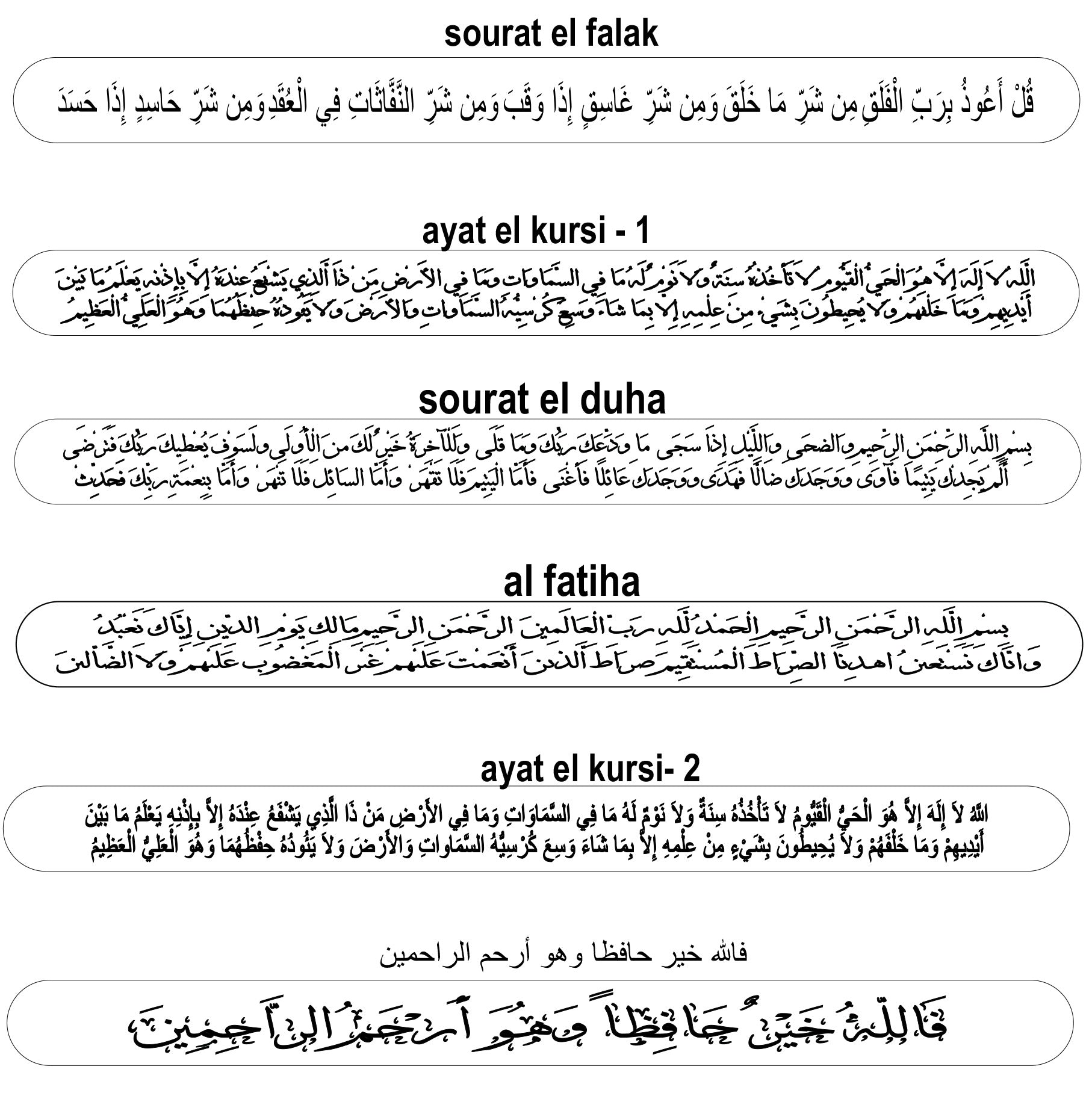 Text in Arabic with various names of Quranic suras and verses on a white background