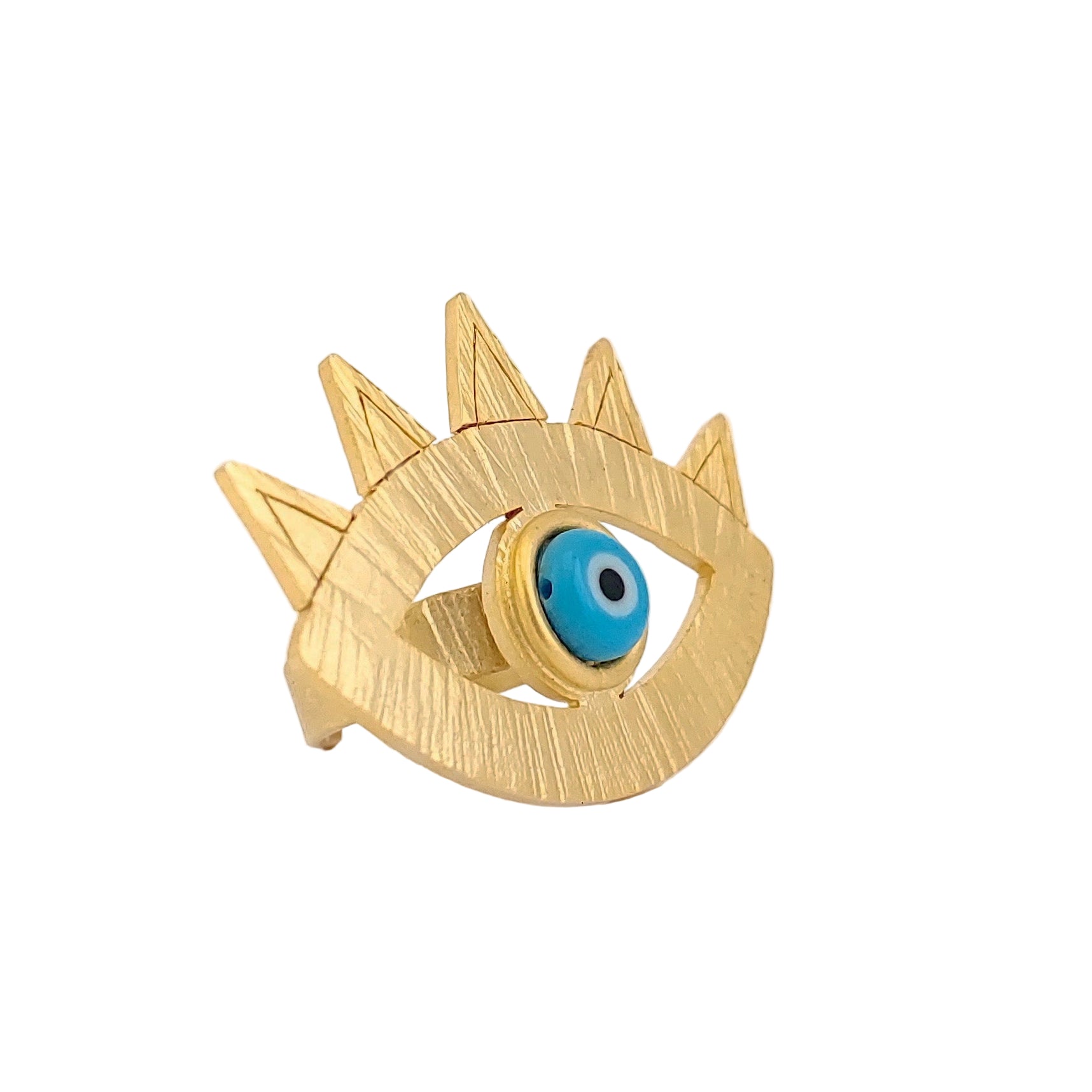 Gold eye ring with a blue evil eye on a white background