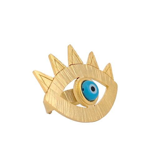Gold eye ring with a blue evil eye on a white background