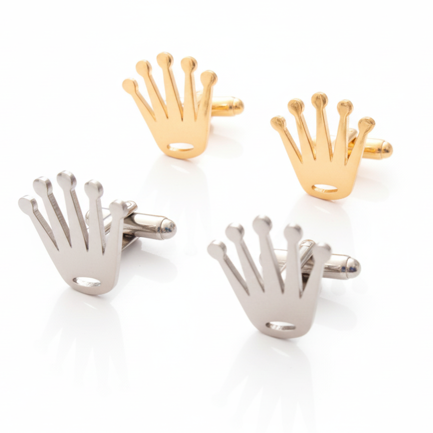 Two pairs of crown-shaped rolex logo cufflinks, one silver and one gold, on a white background.