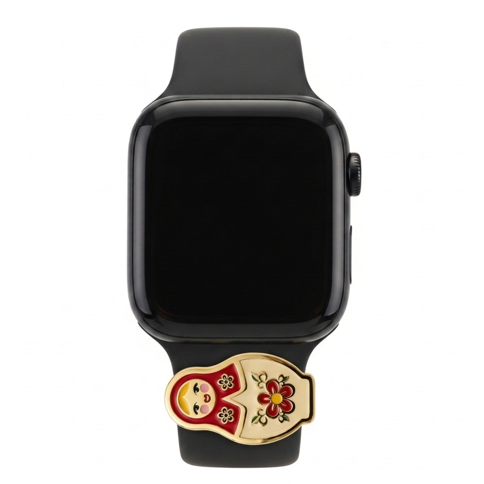 Black smartwatch with a black band featuring with russian doll design on a white background