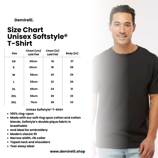 Man wearing a black t-shirt with a size chart for Demirelli Unisex Softstyle T-Shirts on the left.
