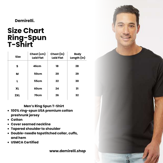 Man wearing a black t-shirt with size chart and product details on a white background