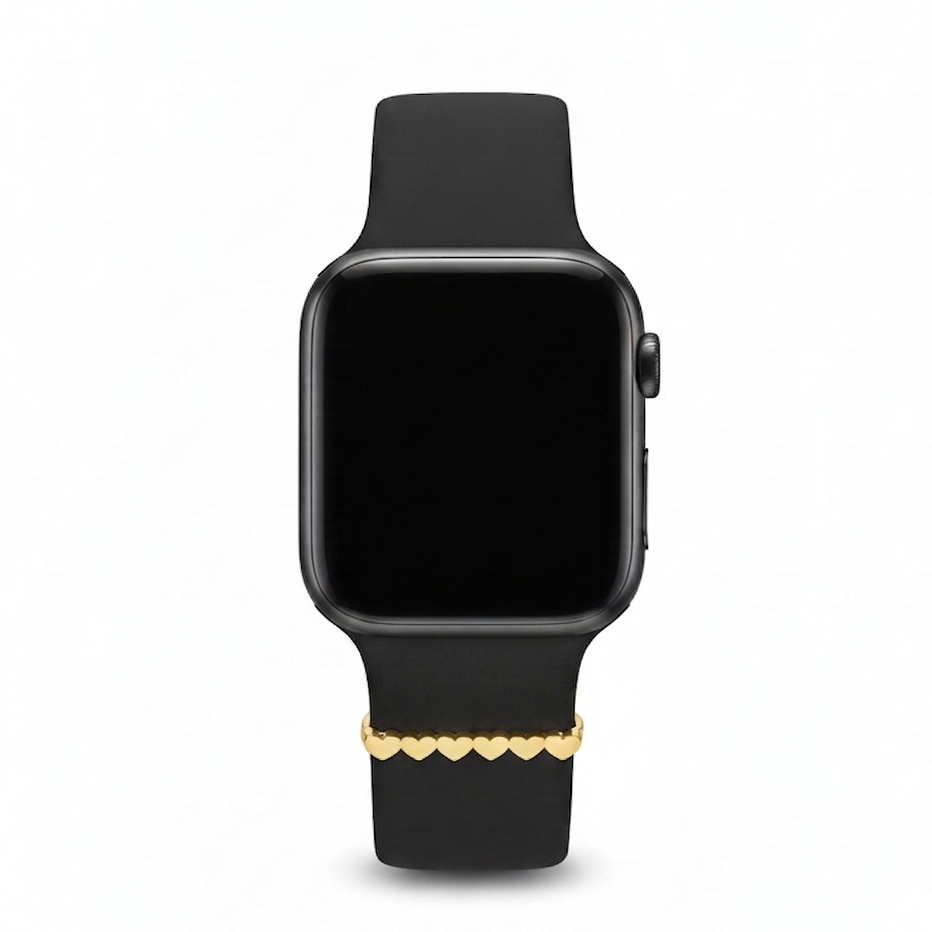 Smartwatch with a black band featuring a gold heart-shaped design watch charm on a white background