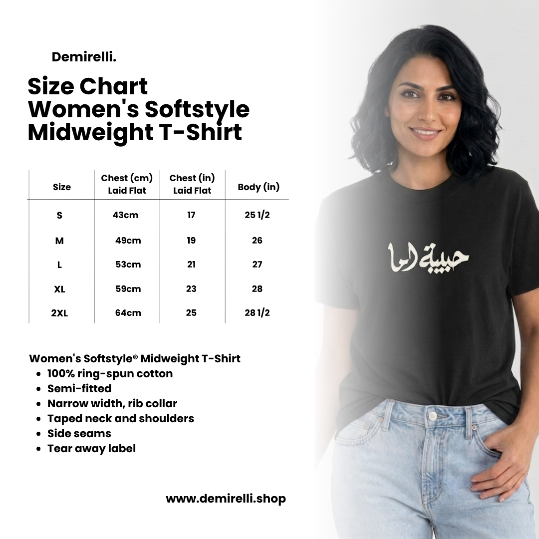 Woman wearing a black t-shirt with text, size chart for women's softstyle midweight t-shirt by Demirelli on a white background.