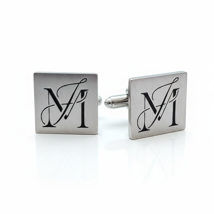 Pair of silver cufflinks with monogram design on a white background