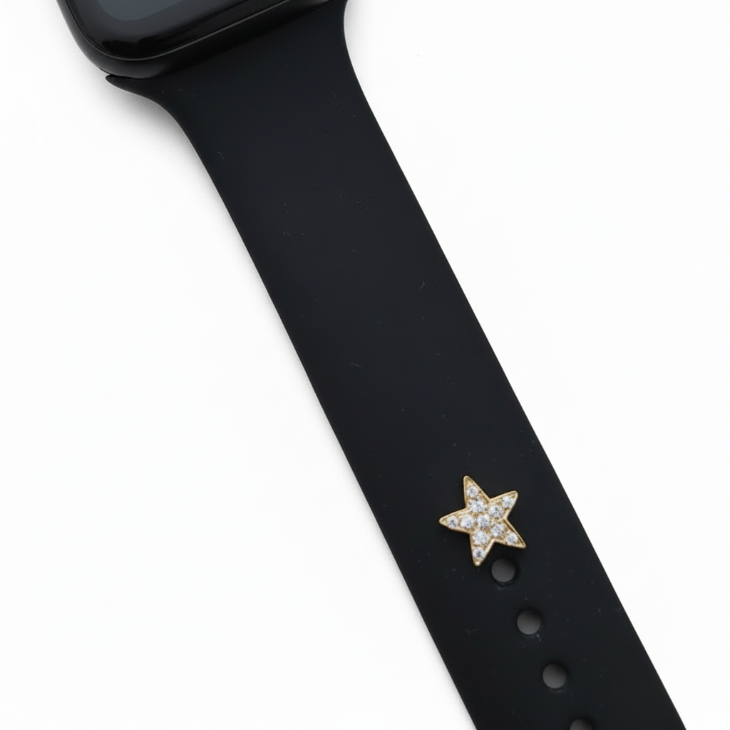 Black smartwatch with band featuring pin star design on a white background