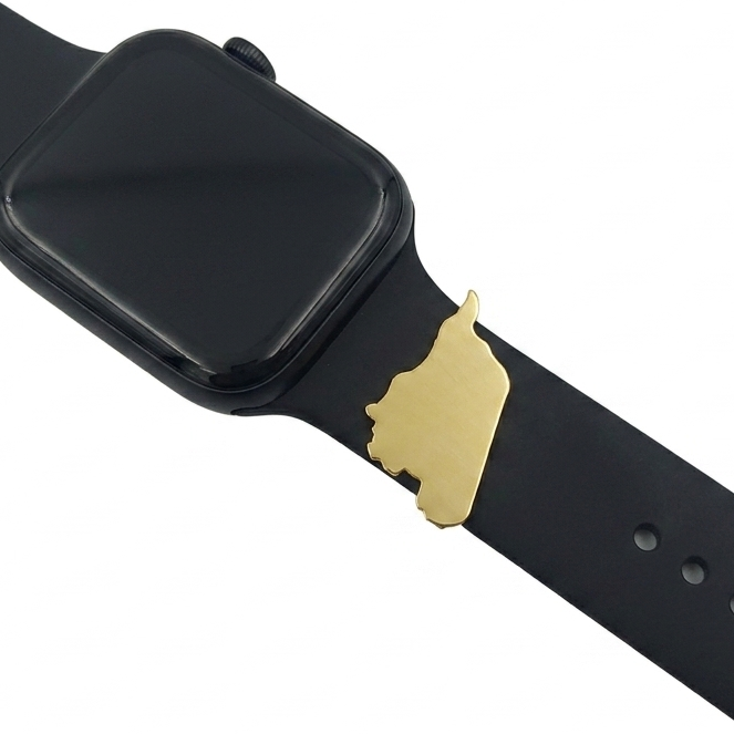 Black smartwatch with a gold syrian map charm on a white background