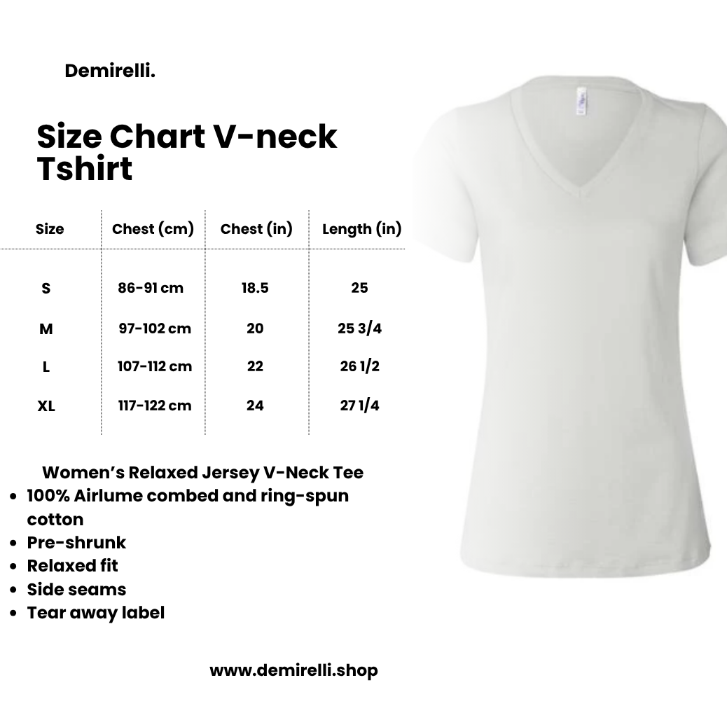 White V-neck t-shirt with size chart and product details on a white background