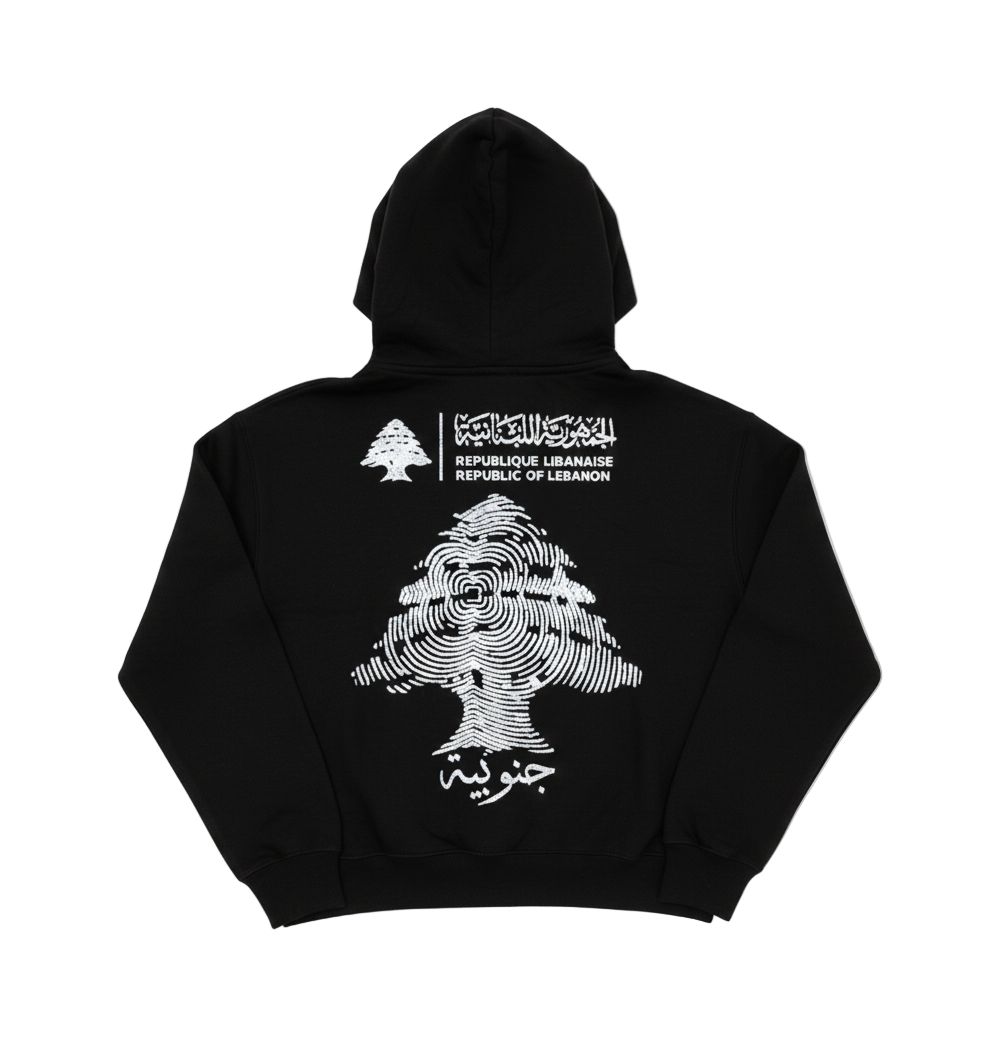 Black hoodie on white background with the a huge lebanese cedar and south lebanese identity